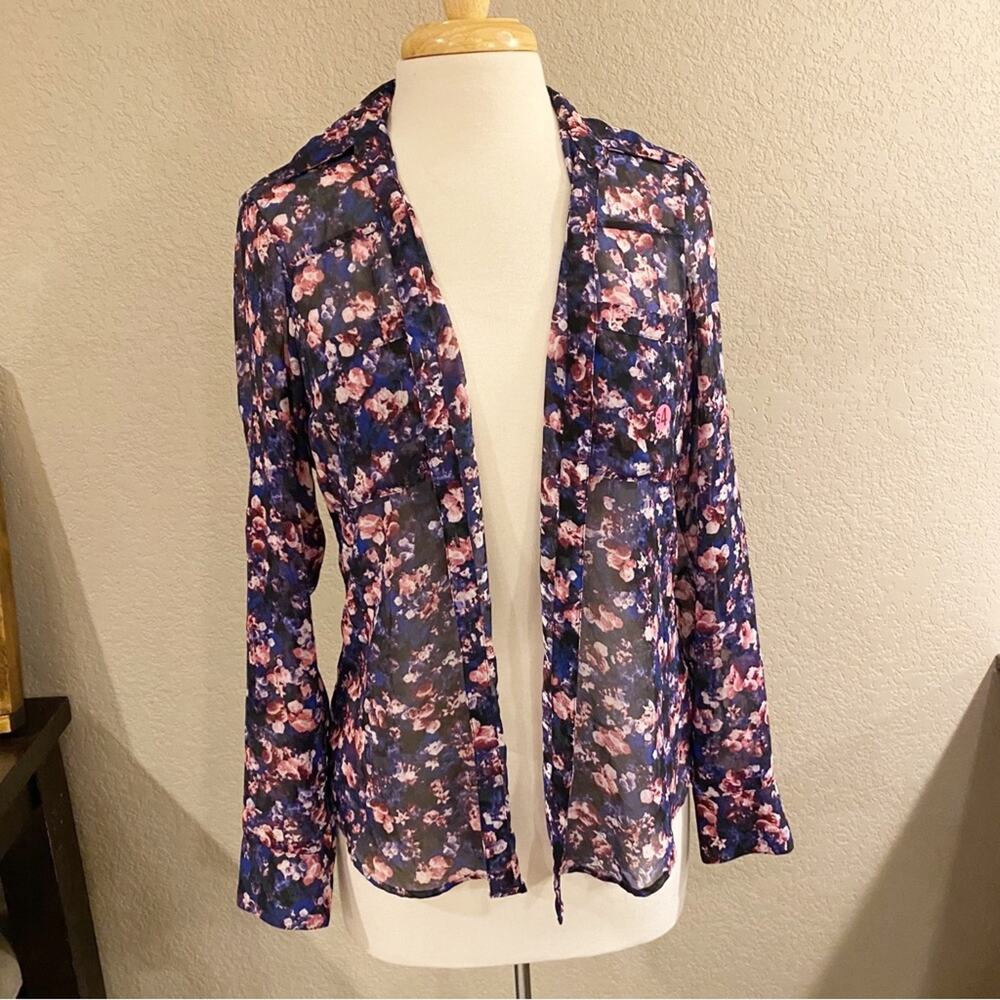 Express Sheer Floral Print Portofino Shirt Blue Pink Purple Small
